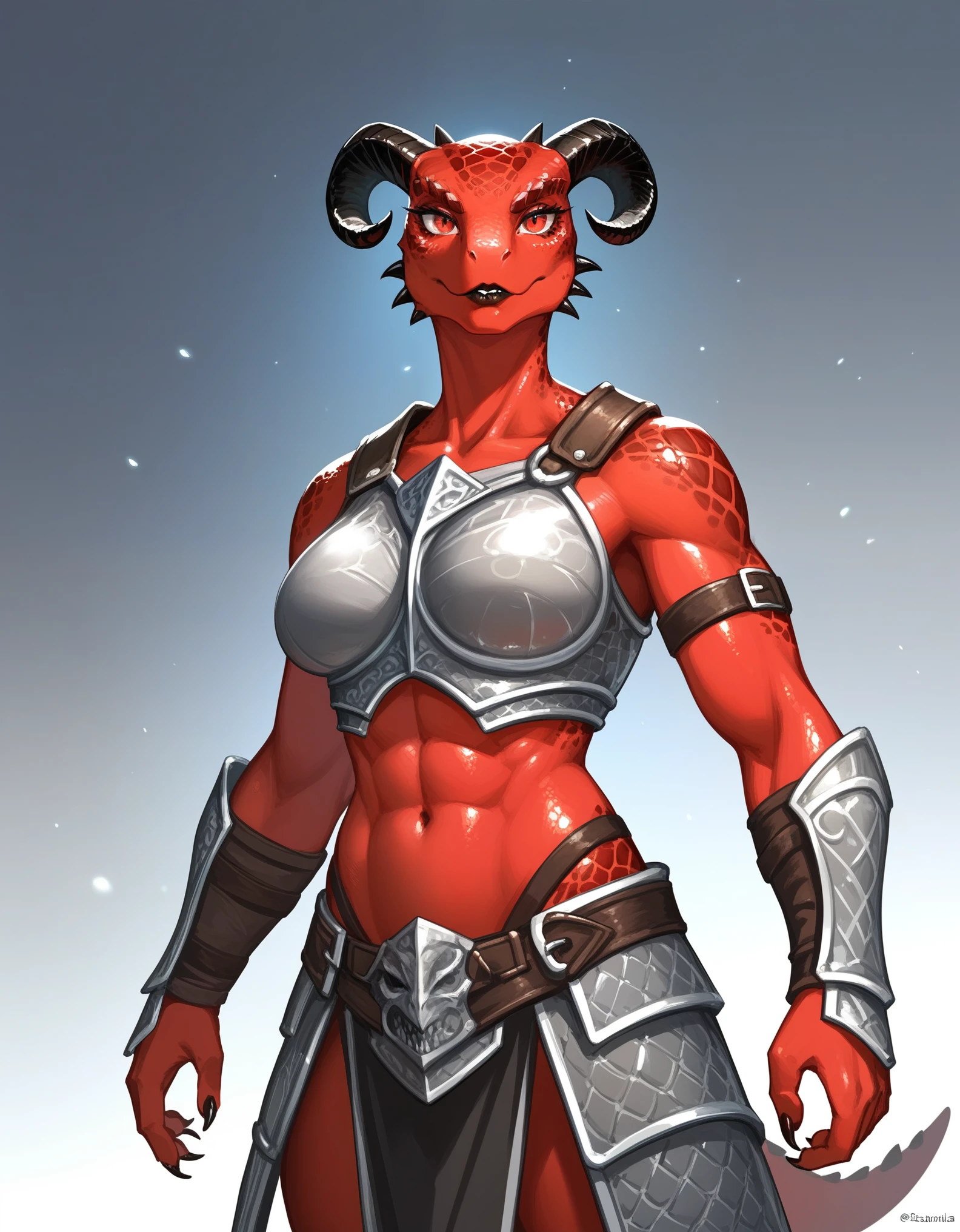 Solo, score_9,score_8_up,score_7_up, kemono style, Anthro Argonian female from skyrim, Anthro reptile girl, snout, red scaled skin, glowing red eyes, black lips, black horns, black ram horns, athletic body, and, wearing metal barbarians armor, standing, portrait