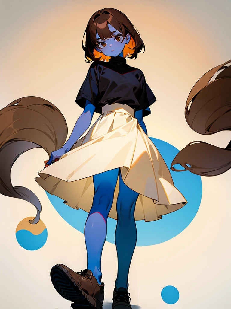 girl with brown hair, blue skin, cream colored skin, wearing a white shirt, wearing a long black skirt, wearing shoes