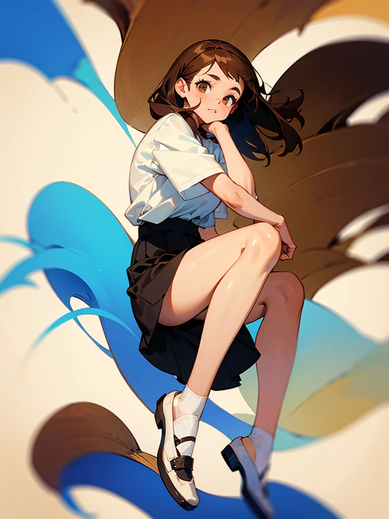 girl with brown hair, blue skin, cream colored skin, wearing a white shirt, wearing a long black skirt, wearing shoes 