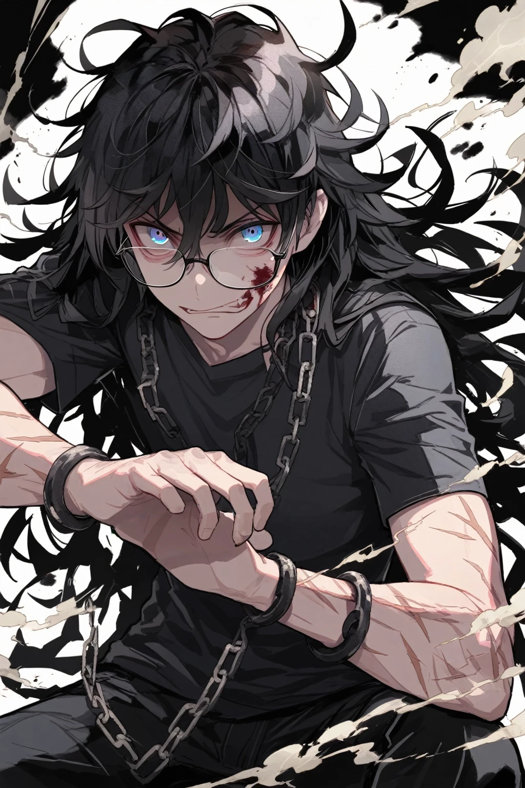 1 guy, blue eyes, black hair, wears glasses, a lot of scars on his face, long hair disheveled, male build, looks at the viewer, angry face, rage, smoke, dressed in a black T-shirt, chains on his hands, black pants, black background, blood on clothes, blood on cheek, shadowed face, detailed, beautiful, delicate tones