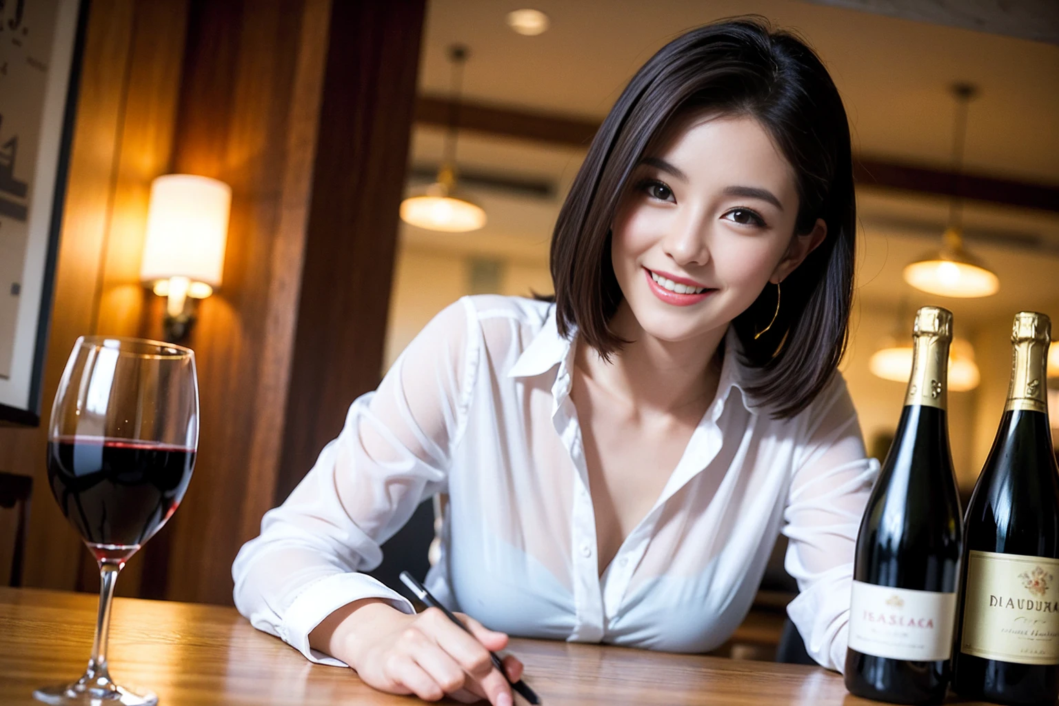 ((Highest quality、8K、masterpiece:1.3))、cute、slimカップル、modelカップル、actress男優、(Realistic, Intricate details:1.2), full-course dinner、Wine Party、Amazing view of the sunset sky and clouds、A bright smile、short hair,Bright Face、 (Age 45), 42 years old, red wine 、Appetizers、Italian food、Wine bottle、Champagne、sparkling wine、Two beauties、Brown Hair、Shortcuts、Long sleeve shirt、dress、Beautiful woman 1, (slimな顔), (The body is slim), (Brown Hair), (Shortcuts), cheeks turn a little red,Attractive beauty、restaurant, In a prominent place (From the waist up) Nova Frog Style, actress, model, Upper Body, White wine, slim, wine glass, 中央に置かれたwine glass, smile, (smile: 1.15), Beautiful fine grain, Depth f/2,saturation, High Contrast, Strong light and shadow,Moist Body:1.5、3D texture、Delicate eyes、Brown Hair、The hair is very shiny、