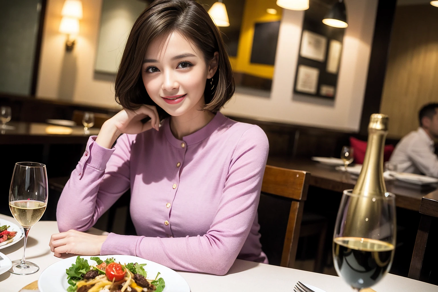 ((Highest quality、8K、masterpiece:1.3))、cute、slimカップル、modelカップル、actress男優、(Realistic, Intricate details:1.2), full-course dinner、Wine Party、Amazing view of the sunset sky and clouds、A bright smile、short hair,Bright Face、 (Age 45), 42 years old, red wine 、Appetizers、Italian food、Wine bottle、Champagne、sparkling wine、Two beauties、Brown Hair、Shortcuts、Long sleeve shirt、dress、Beautiful woman 1, (slimな顔), (The body is slim), (Brown Hair), (Shortcuts), cheeks turn a little red,Attractive beauty、restaurant, In a prominent place (From the waist up) Nova Frog Style, actress, model, Upper Body, White wine, slim, wine glass, 中央に置かれたwine glass, smile, (smile: 1.15), Beautiful fine grain, Depth f/2,saturation, High Contrast, Strong light and shadow,Moist Body:1.5、3D texture、Delicate eyes、Brown Hair、The hair is very shiny、