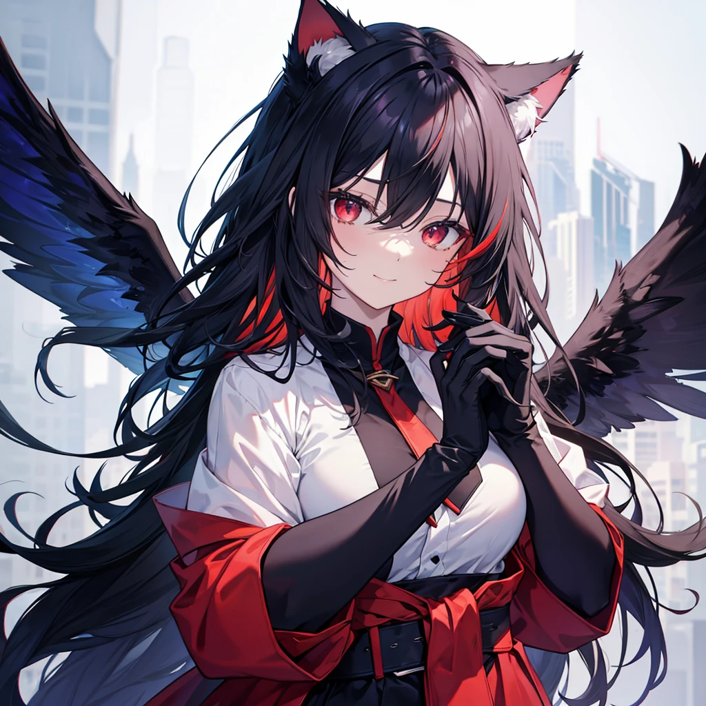 (((Fantasy　Black Hair　Dye the inside of your hair red　Long Hair　Dull red eyes　Cat ear　Beastman　pad)))　((Crystal Wings　uniform　Put on a coat without putting your arms through it　Wings many times larger than mine　Center close-up))　((smile　gloves))　(Light　star)　Catch the wind　Shining Background　Lightの粒子, rainbow colored edges