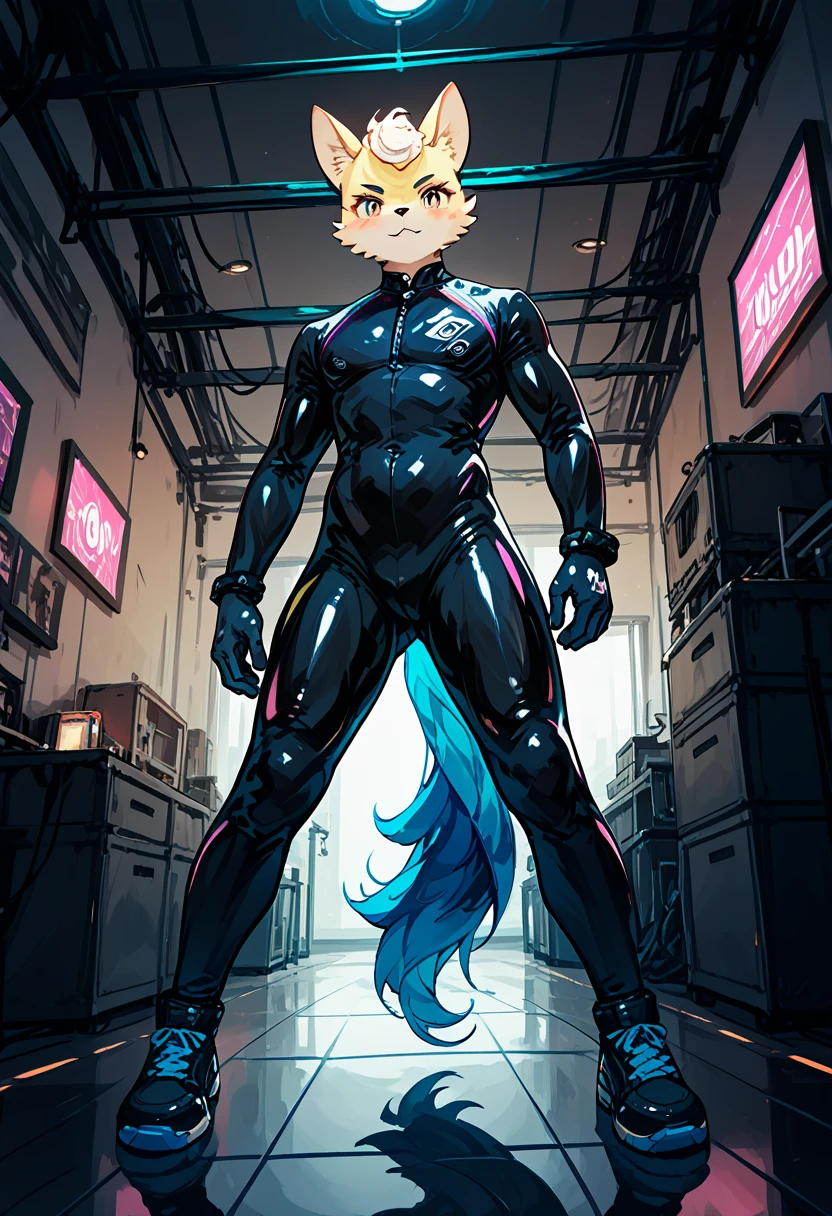 Highest quality, Highest quality, High quality illustrations, masterpiece, Ultra-high resolution, Detailed Background, Games Room, Absurd, Perfect Anatomy, performance, Good lighting, Shadows in the movies(kemono, Furry Personifi猫ion), Floragato (Pokemon),  Rubber suit, Rubber suit, latex, neon, neonライト, neonカラー