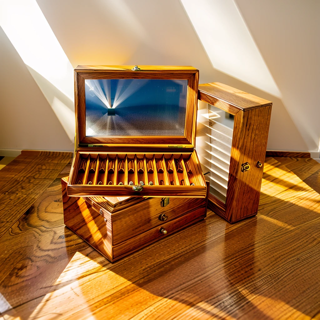 In this cozy room,A ray of sunlight shone through the half-drawn curtains on the table,Let the wood grain on the watch storage box shine with a faint luster。There was a calm and peaceful atmosphere in the air around them。There are several still lifes hanging on the walls of the room,It adds a touch of elegance to the space。And on the other side of the room,The half-open window lets in the breeze,The pages on the small desk by the window turned in the wind,This quiet scene gives a sense of tranquility and comfort。