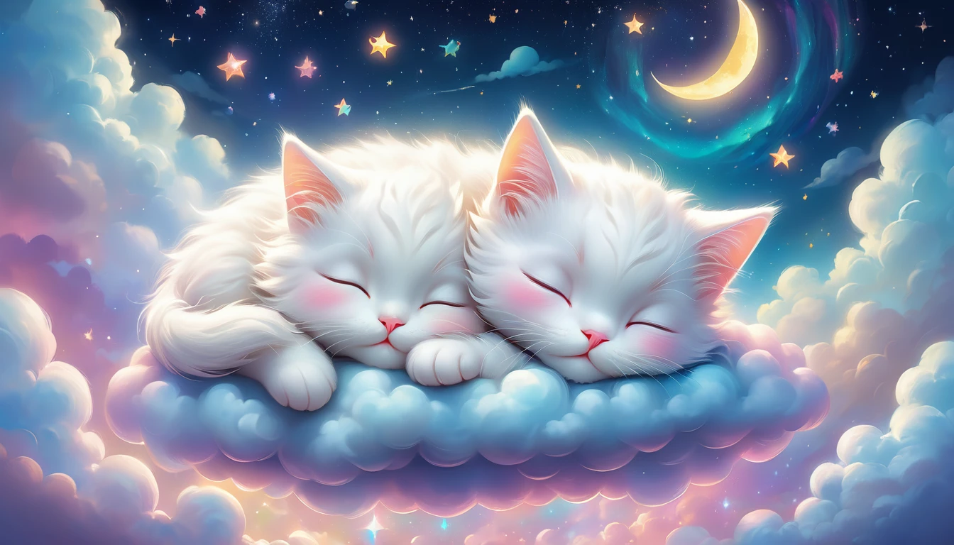 There is a white cat sleeping on a cloud with stars in the background, Dream animal cute eyes, Adorable digital painting, Beeple and Jeremiah Kettner, Cute and intricate digital art, Cute digital art, Lisa Frank, Lying in the fairyland of white clouds, Sweet dreams, A dreamlike night, Dreamy Art, Cute artwork, Dreamy scene, Fluffy and full of light, Dreamy illustration