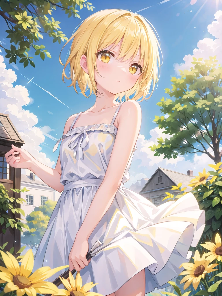 (masterpiece), Outdoor, sunlight, Particles of light, One girl, short hair, Blonde, (Yellow Eyes:1.2)