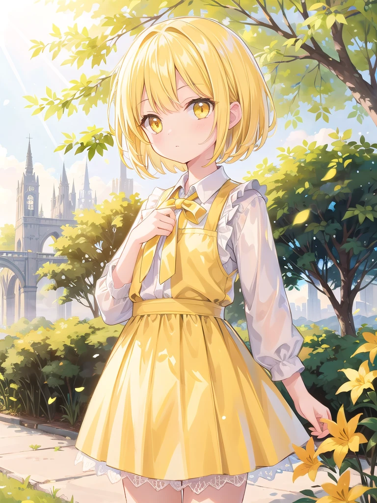 (masterpiece), Outdoor, sunlight, Particles of light, One girl, short hair, Blonde, (Yellow Eyes:1.2)
