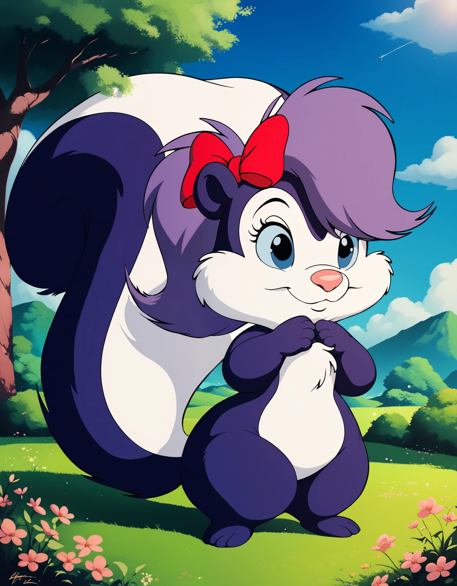 score_9, score_8_up, score_7_up, score_6_up, source_furry, StudioGhibli, 1girl, female, sfw, skunk, purple body, hair bow, cute, short, beautiful eyes, cartoony, flat color, simple shading, full-length portrait, studio ghibli background, blurred background, fifi:1.2, ITMStyle,  