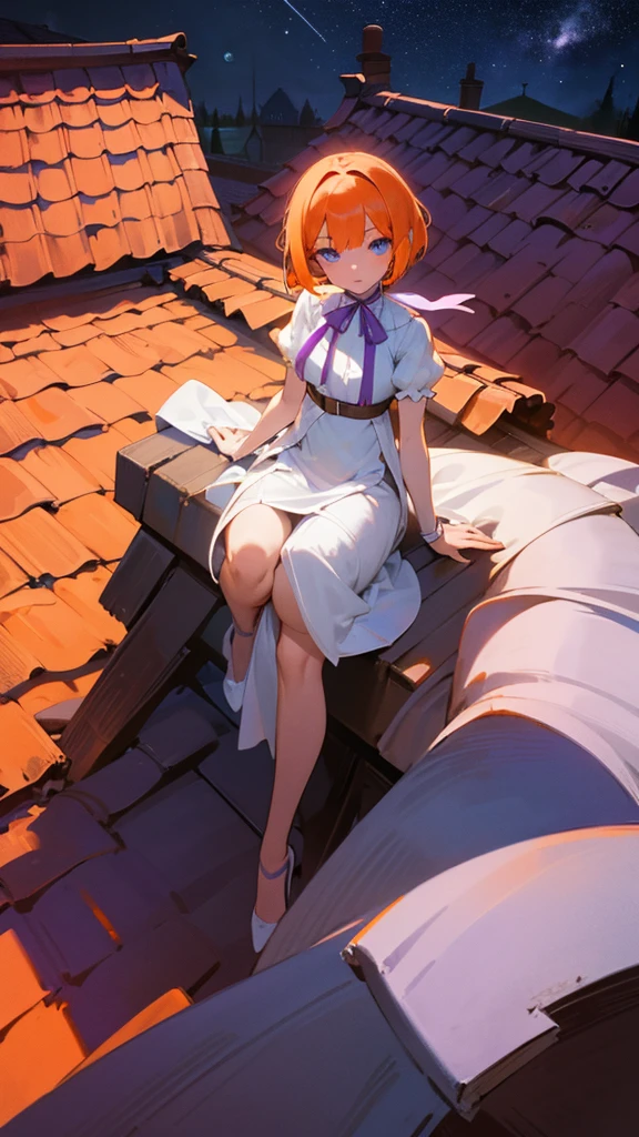 girl with orange angle bob hair and blue eyes, wearing a knee length white dress with a slit, purple ribbon, sitting on top of a simple old roof at night, background is empty