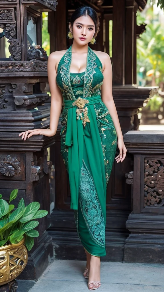masterpiece, malaysian girl, indonesian girl ,ultra realistic,32k,intricate details, sharp focus, realistic, closed, seductive pose, black eyes, jewelr, lips, realistic, looking_at_viewer, wet skin, shiny skin, SHORT SLEVES, indonesian clothes, bali, balinese, cityscape, transparent standing pose,(( green kebaya)),full body,busty body,curvy body,long hair,beauty face,cowboy shot,