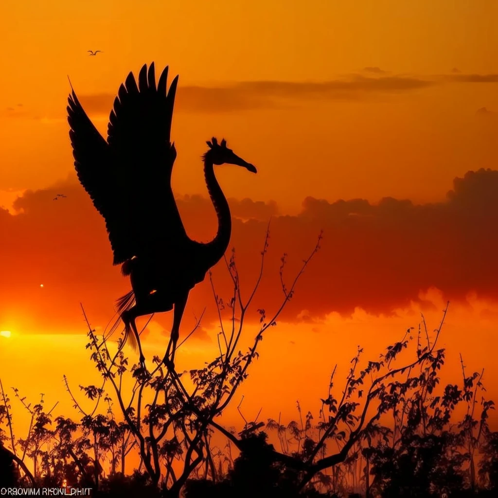 Sunset,A giraffe flying in the air with its wings spread, Great photos, beautiful picture, Silhouette at sunset, very beautiful picture, Beautiful and graceful, Beautiful backlighting, award winning nature photo, In the sunset, an Great photos, helicopters and tremendous birds, Quiet and beautiful, contour, Beautiful and spectacular sunset, amazing shot