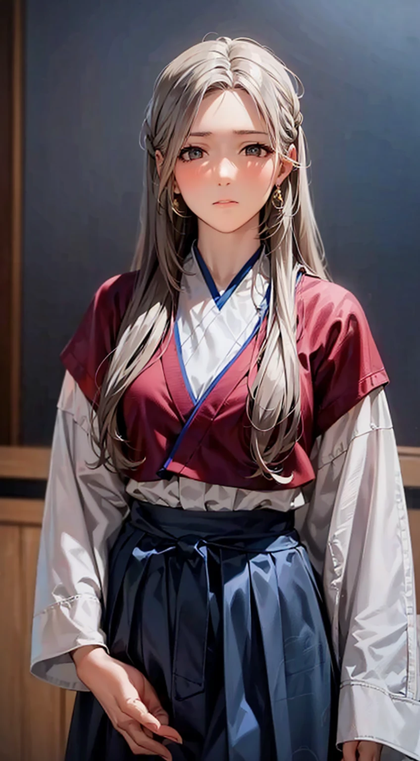 1girl,long silver hair,calm expression , traditional style dress, confident , serene 