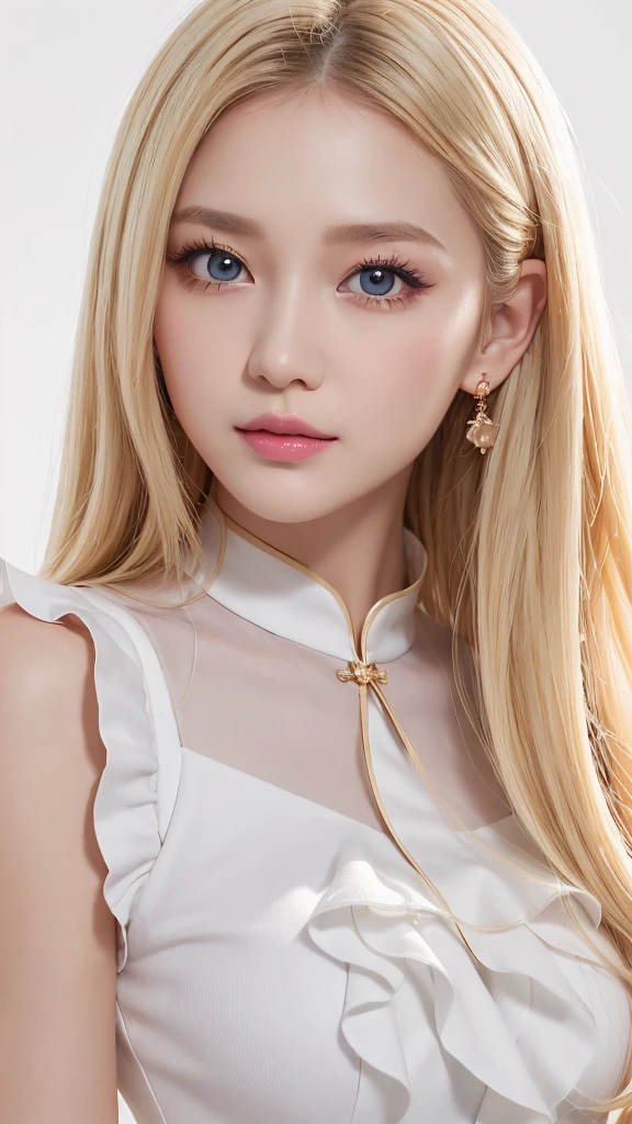 (((White background、China dress、Ao Dai、race、Frills、forehead、White Blonde、Blonde、White Background、Cowboy Shot、amount)))、amount、Northern Europe、Russia、beautiful girl、Platinum Blonde Hair、Straight Long Hair、Big Blue Eyes、Northern Europeの若者、Glowing Skin、Young and beautiful skin、A perfect and beautiful little face、Bright makeup、Pale pink lips、Bright expression、lipstick、Golden Hour Lighting、Movie Light、Intricate details、High resolution、 Detailed features of face design、Big Breasts
