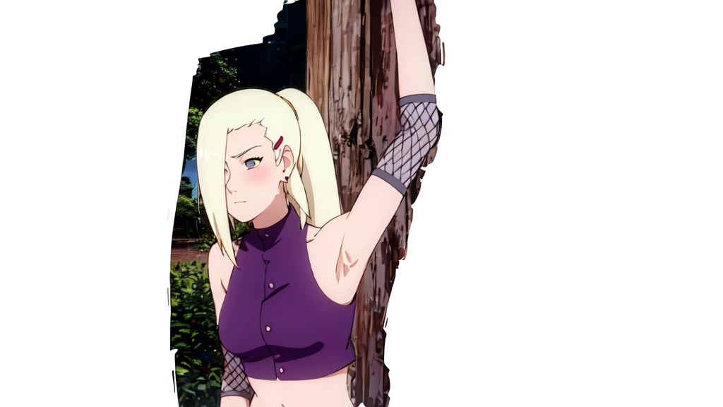 1girl, solo, looking to the left, ponytail, hair over one eye, hairclip, earrings, long hair, blonde hair, sleeveless shirt, bare shoulders, ninja, upper body, midriff, navel, fishnets, arms up, armpits, showing armpits, masterpiece, by masashi kishimoto, purple crop top, slight blush