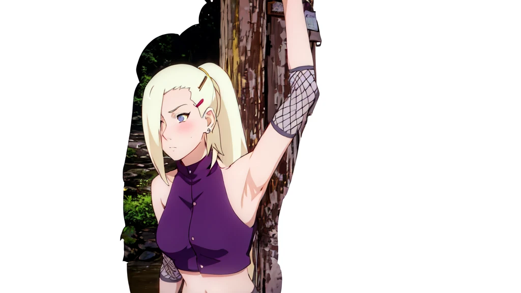 1girl, solo, looking to the left, ponytail, hair over one eye, hairclip, earrings, long hair, blonde hair, sleeveless shirt, bare shoulders, ninja, upper body, midriff, navel, fishnets, arms up, armpits, showing armpits, masterpiece, by masashi kishimoto, purple crop top, slight blush