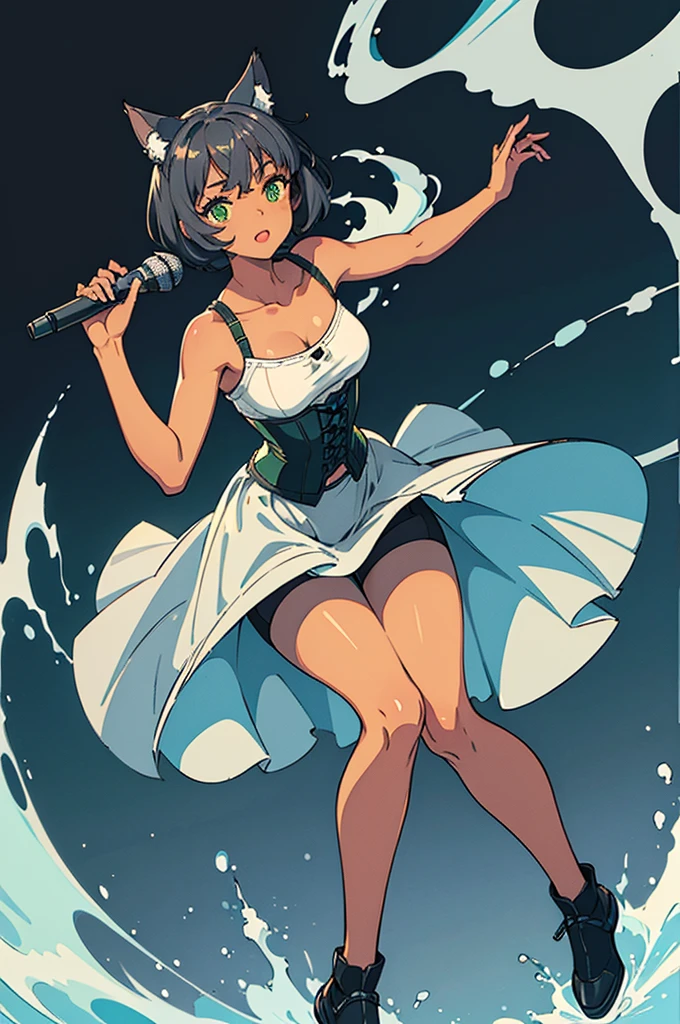 (masterpiece, best quality:1.2), illustration, dark skin, a lady with gray cat ears, full body, gray wave short hair, grab a microphone, green eyes, gray camisole, gray tight skirt, orange corset, no background,