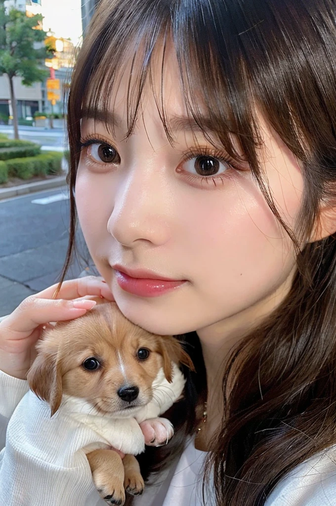 high-level image quality, 1 female college student, ((Holding a puppy)), ((Detailed face:1.2)), pale skin, (cold color), moist, reflector stay piece, (perfectly proportions), (photos realistic), (Best Quality), photographed in a Canon EOS R5, 50mm Lens, (8K), very long upper eyelashes, very long lower eyelashes, Detailed lashes, Curled eyelashes, Natural eyes, very beautiful eyelashes
