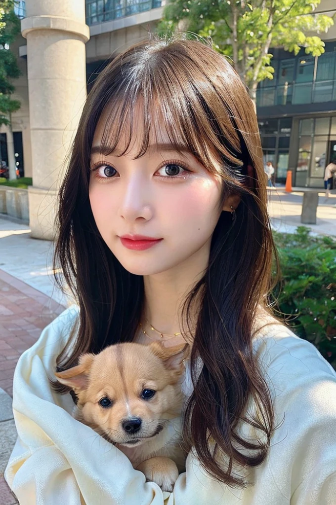 high-level image quality, 1 female college student, ((Holding a puppy)), ((Detailed face:1.2)), pale skin, (cold color), moist, reflector stay piece, (perfectly proportions), (photos realistic), (Best Quality), photographed in a Canon EOS R5, 50mm Lens, (8K), very long upper eyelashes, very long lower eyelashes, Detailed lashes, Curled eyelashes, Natural eyes, very beautiful eyelashes