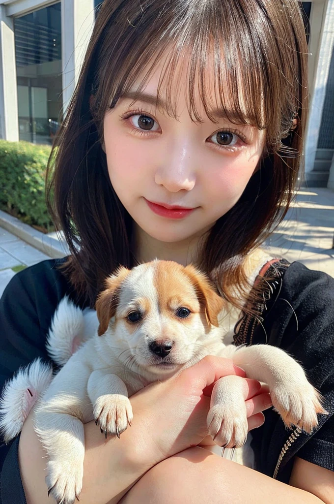  high-level image quality, 1 female college student, ((Holding a puppy)), ((Detailed face:1.2)), pale skin, (cold color), moist, reflector stay piece, (perfectly proportions), (photos realistic), (Best Quality), photographed in a Canon EOS R5, 50mm Lens, (8K), very long upper eyelashes, very long lower eyelashes, Detailed lashes, Curled eyelashes, Natural eyes, very beautiful eyelashes