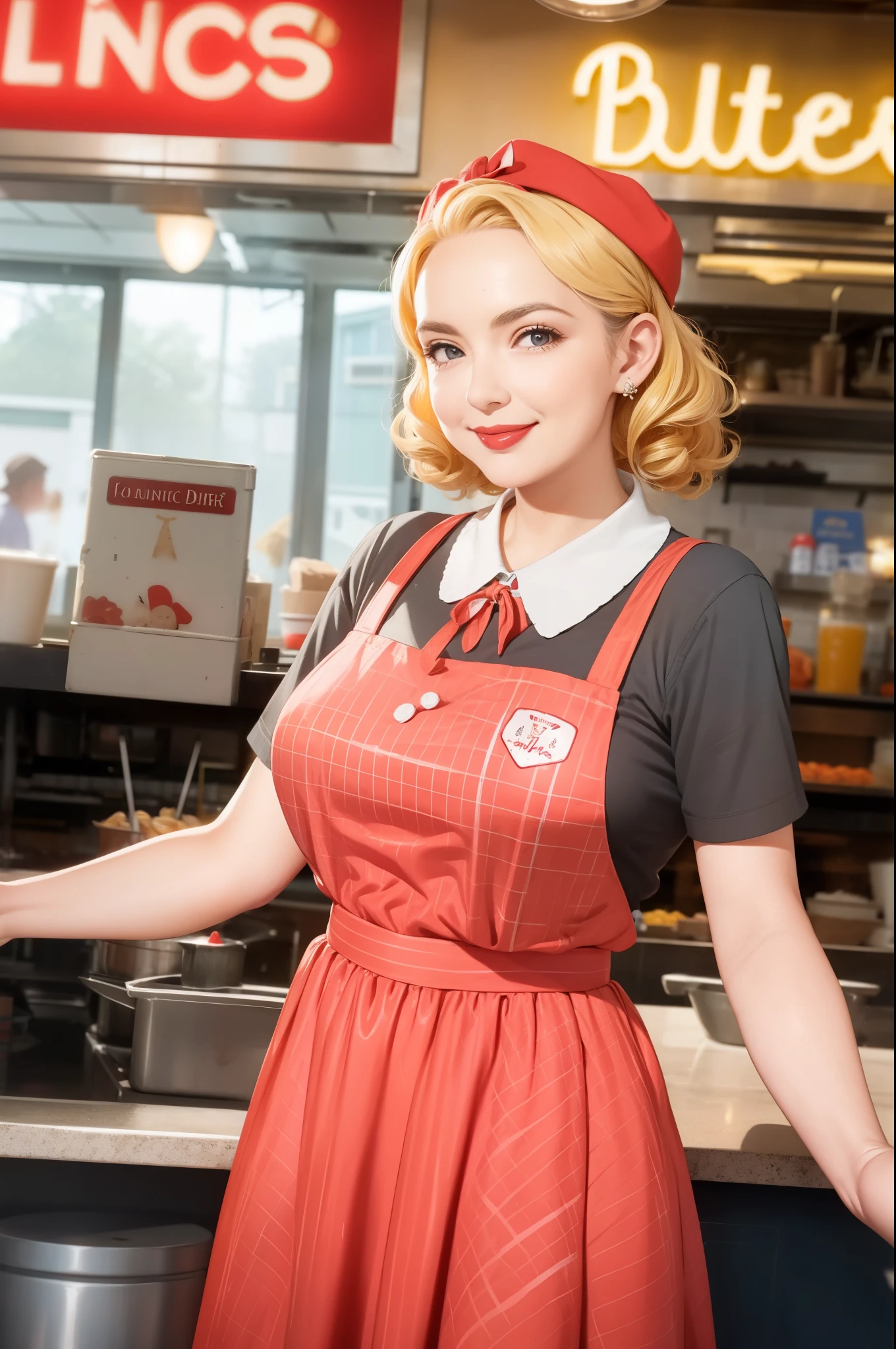 FIX background, woman in a red shirt and black  serving burgers, serving happy meals, operating on burgers, serving fries, commercial photo, candid shot, crisp detail, serving big macs, advertising photo, at the counter, fan favorite, wearing rr diner uniform, crisp details, looking partly to the left, by norman rockwell, working at mcdonalds