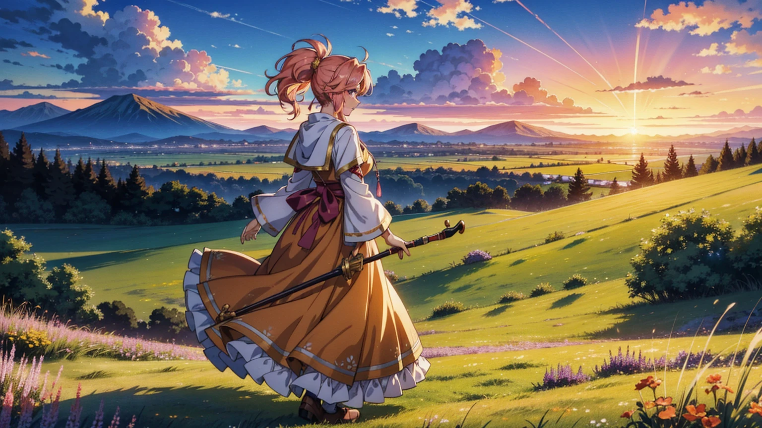 A 16:9 anime-style illustration depicting a female bard on her journey at sunset. The bard is dressed in flowing, colorful attire, with a musical instrument, such as a lute or harp, slung over her back. She is walking along a path through a vast grassland, with the warm glow of the setting sun casting long shadows. The wind is gently blowing, causing her hair and clothes to flutter. The background features rolling hills, distant mountains, and a sky painted with vibrant hues of orange, pink, and purple. The atmosphere is serene and full of adventure.