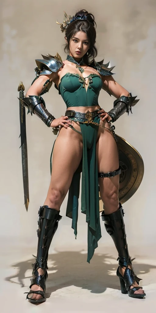 30-year-old Asian female gladiator posing for a photo,Sexy,With muscle lines,Sense of Power,Large Breasts,Big buttocks,Mature and charming,Lewd exposure ,Camel toe,NSFW,Release liquid,穿Sexy的超高跟鞋,The charming and seductive queen,Fighting breath