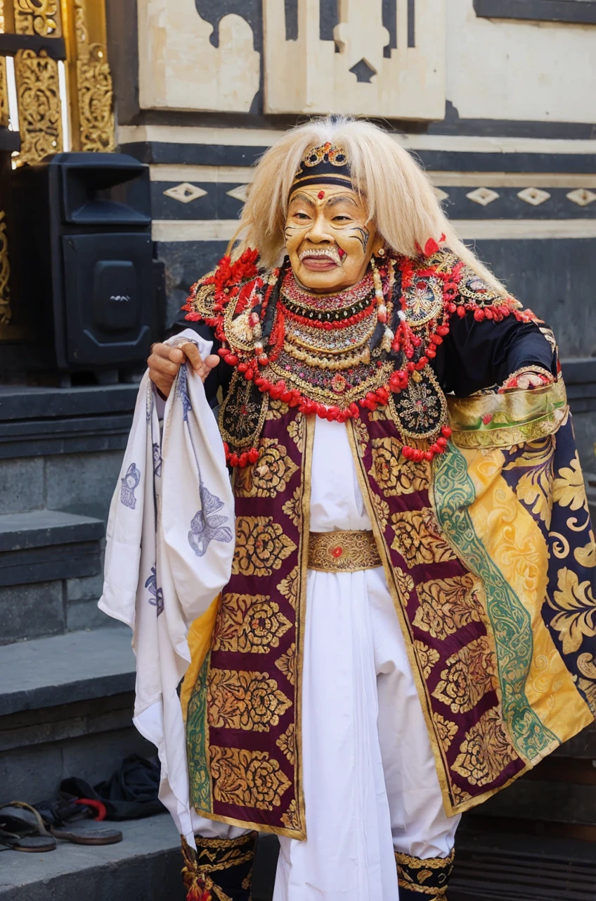 Caricature art images, traditional Balinese mask dancer, old man mask, memiliki gigi taring, ornmental