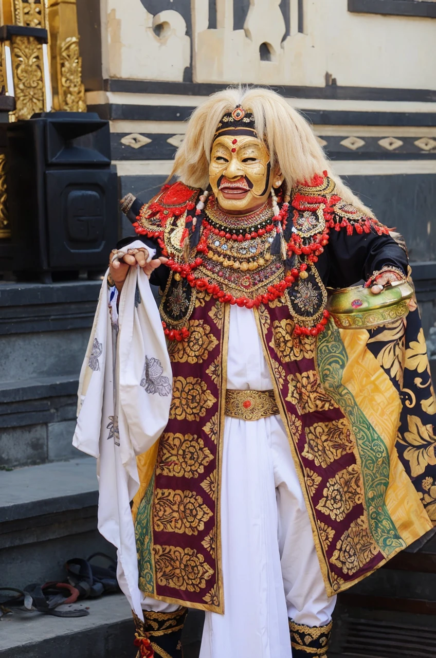 Caricature art images, traditional Balinese mask dancer, old man mask, memiliki gigi taring, ornmental