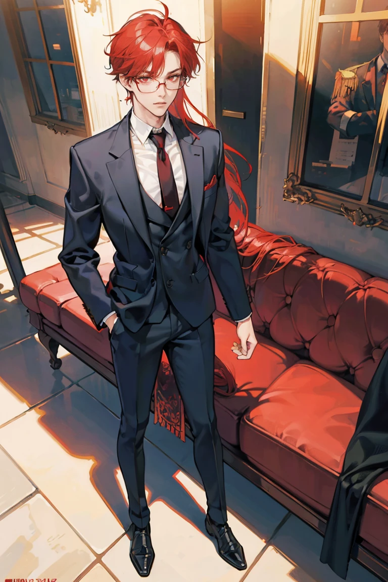 (masterpiece), best quality, seductive eyes, perfect face, handsome man, red eyes, long messy red hair, long nose, angry face, tan brown skin, business suit, black necktie, red glasses, extremely tall man, long legs, long calves, full body, tall man, long legs, anime cover, 1boy, ear piercings, hands in pockets, adult-like look, cafe background