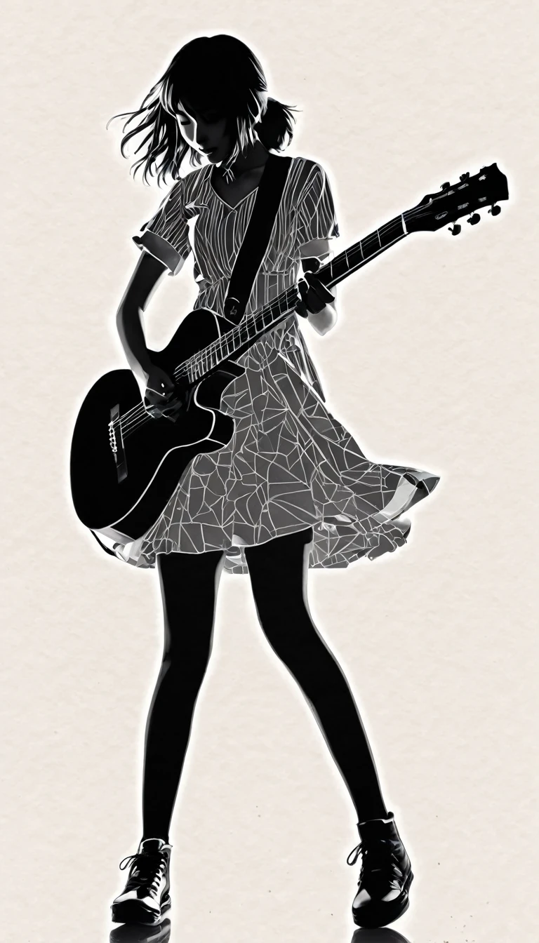 Monochrome image style combined with silhouette, Film and ink painting, , Portrait of female student playing guitar, Suzumiya Haruhi,best quality, very good, Extremely detailed, delicate and dynamic