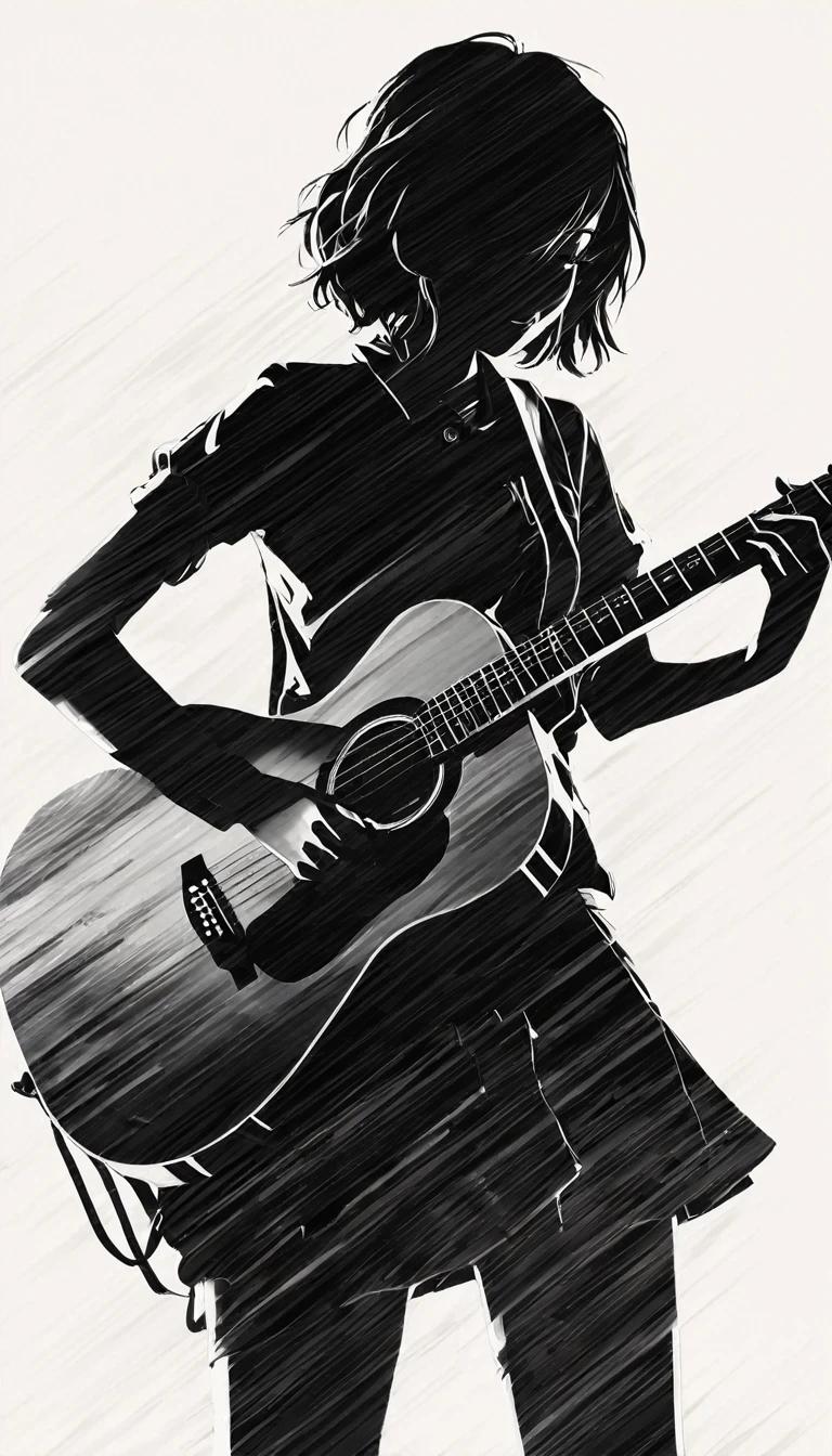 Monochrome image style combined with silhouette, Film and ink painting, , Portrait of female student playing guitar, Suzumiya Haruhi，best quality, very good, Extremely detailed, delicate and dynamic