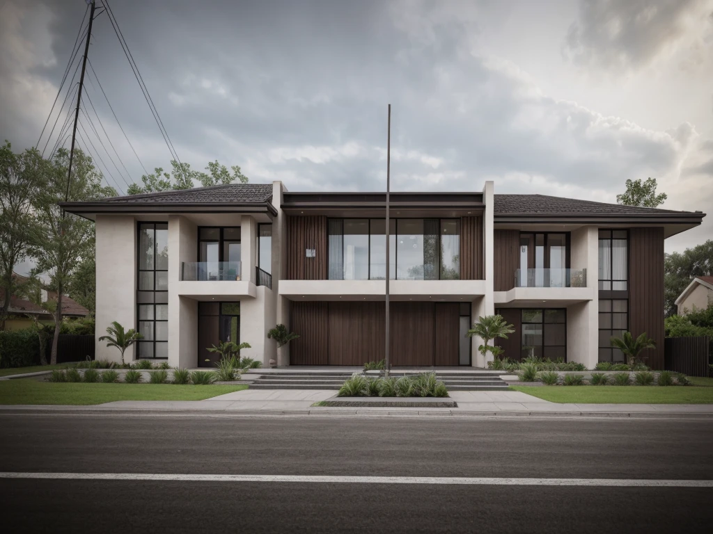 exterior of house, modern, townhouse, Modern house gate, minimalistic, the house is located in an urban area of Hanoi Vietnam, wall concrete gray and wood, facing the road, plant and tree, sidewalks, sidewalk trees, corona render, 3ds max, wide view, overcast sky, a moody foggy environment, sunny cinematic, natural light