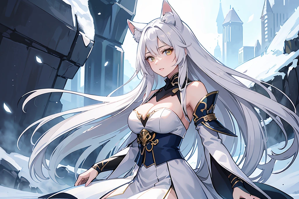 Highest quality、masterpiece、8K、Realistic、超High resolution、Very delicate and beautiful、High resolution、Fantasy World、(White werewolf)、White wolf ears、Yellow Eyes、Vertical eyes、Perfect female body、Beautiful woman、Snowy forest、Snowstorm、Blizzard、View from the side、Looking up at the sky、Tears、ephemeral、lonely