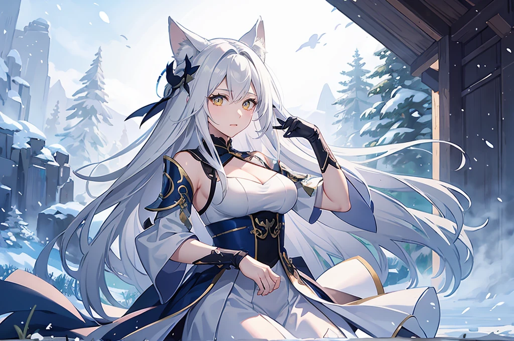 Highest quality、masterpiece、8K、Realistic、超High resolution、Very delicate and beautiful、High resolution、Fantasy World、(White werewolf)、White wolf ears、Yellow Eyes、Vertical eyes、Perfect female body、Beautiful woman、Snowy forest、Snowstorm、Blizzard、View from the side、Looking up at the sky、Tears、ephemeral、lonely