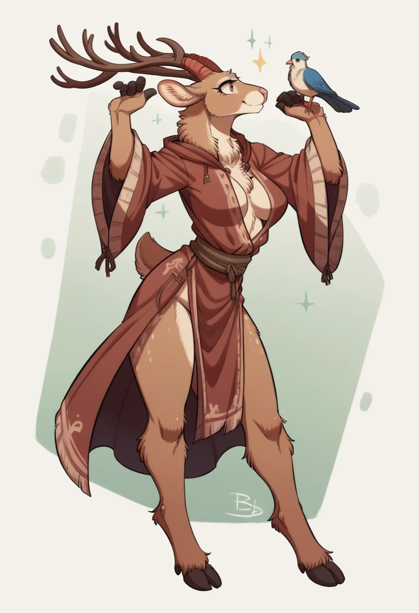 female anthropomorphic bird, Breasts covered and sfw. full body, white background. plays bagpipes. head of a robin, bird head, SCHNABEL, horns of a goat and the legs of a deer
