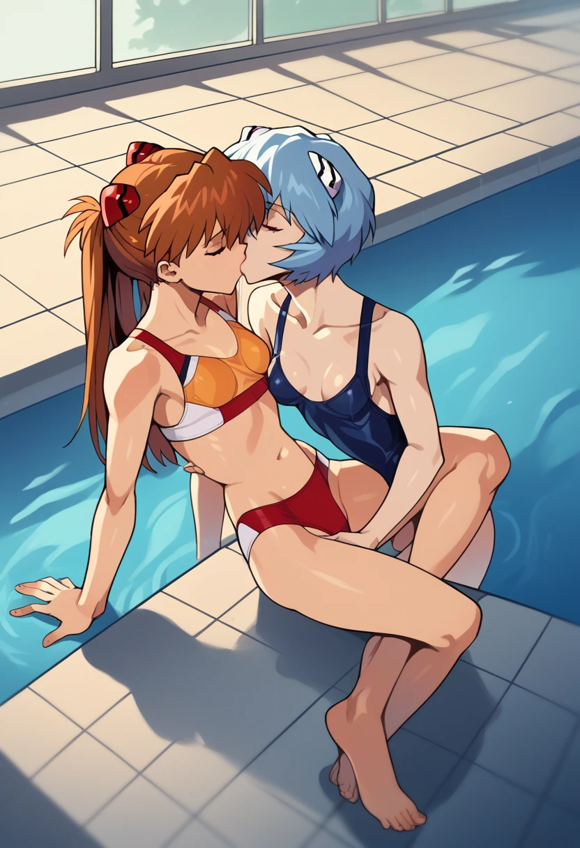 score_9, score_8_up, score_7_up, score_6_up, score_5_up, score_4_up, (source_anime), 2girls, neon genesis evangellion, ((asuka langley soryu, small breasts, {sucking breasts})), (( rei ayanami, small breasts)), yuri, breast sucking, far, full body, Swimming pool, Inside the pool, swimsuit