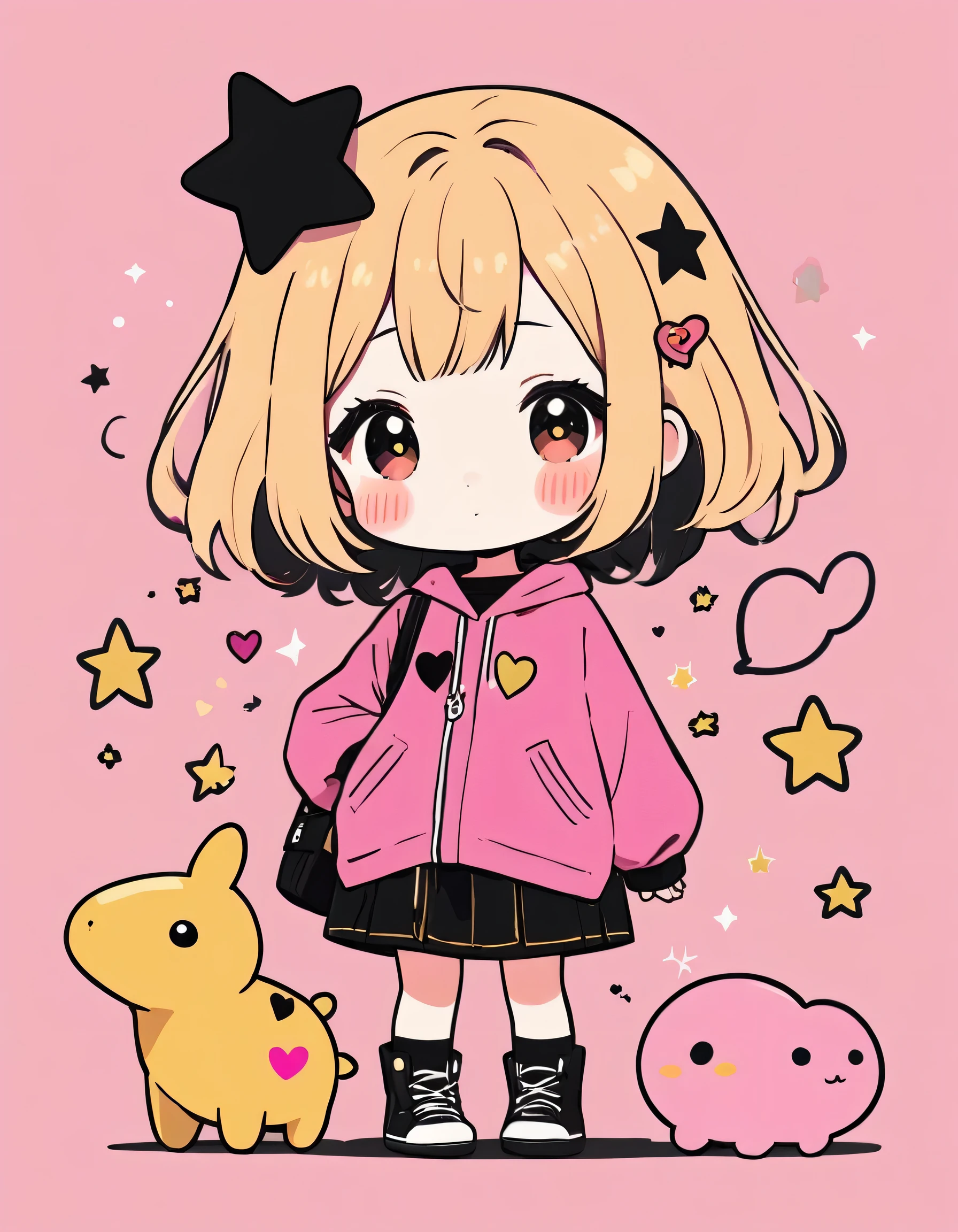 Black Star pink and Gold style, Simple Line Initialism，Abstract art，Kawaii Design, The most beautiful girl of all time、chibi, Cute and colorful pillbugs, colorful hearts