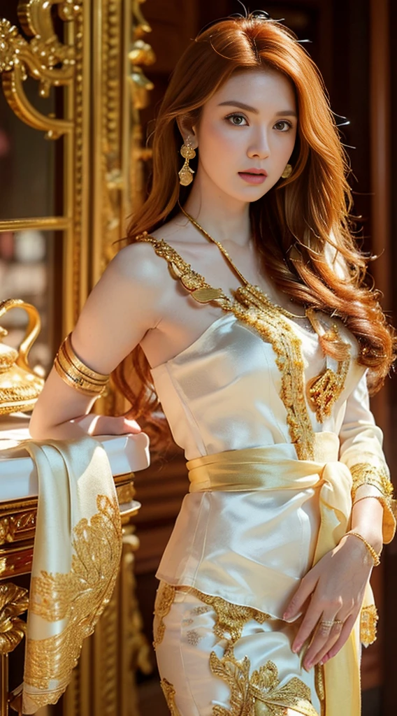 Photorealistic Production, (One Person), (Realistic Image of a 25 Years Old British Female Model), (Shoulder-level Wavy Ginger Hair:1.6), (Athletic Body Builds:1.4), (Pale Skin:1.4), (Wearing a White Ornated Kebaya Dress with Silk Cloth and Golden Jeweleries:1.6), (Serious Face), (Deep Cleavage), (Elegant Pose:1.6), Centered, (Waist-up Shot:1.4), From Front Shot, Insane Details, Intricate Face Detail, Intricate Hand Details, Cinematic Shot and Lighting, Realistic Colors, Masterpiece, Sharp Focus, Ultra Detailed, Taken with DSLR camera, Realistic Photography, Depth of Field, Incredibly Realistic Environment and Scene, Master Composition and Cinematography