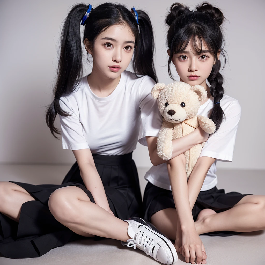 There is an 18-month-old Hispanic girl. She has pigtails and curly black hair, transparent double eyelids, big eyes, shiny black eyes, sharp facial contour, and very pretty. She is wearing a short-sleeved blouse and a pleated skirt. She is holding a teddy bear and her shoes are wearing Nike sneakers. Please draw a girl like this.