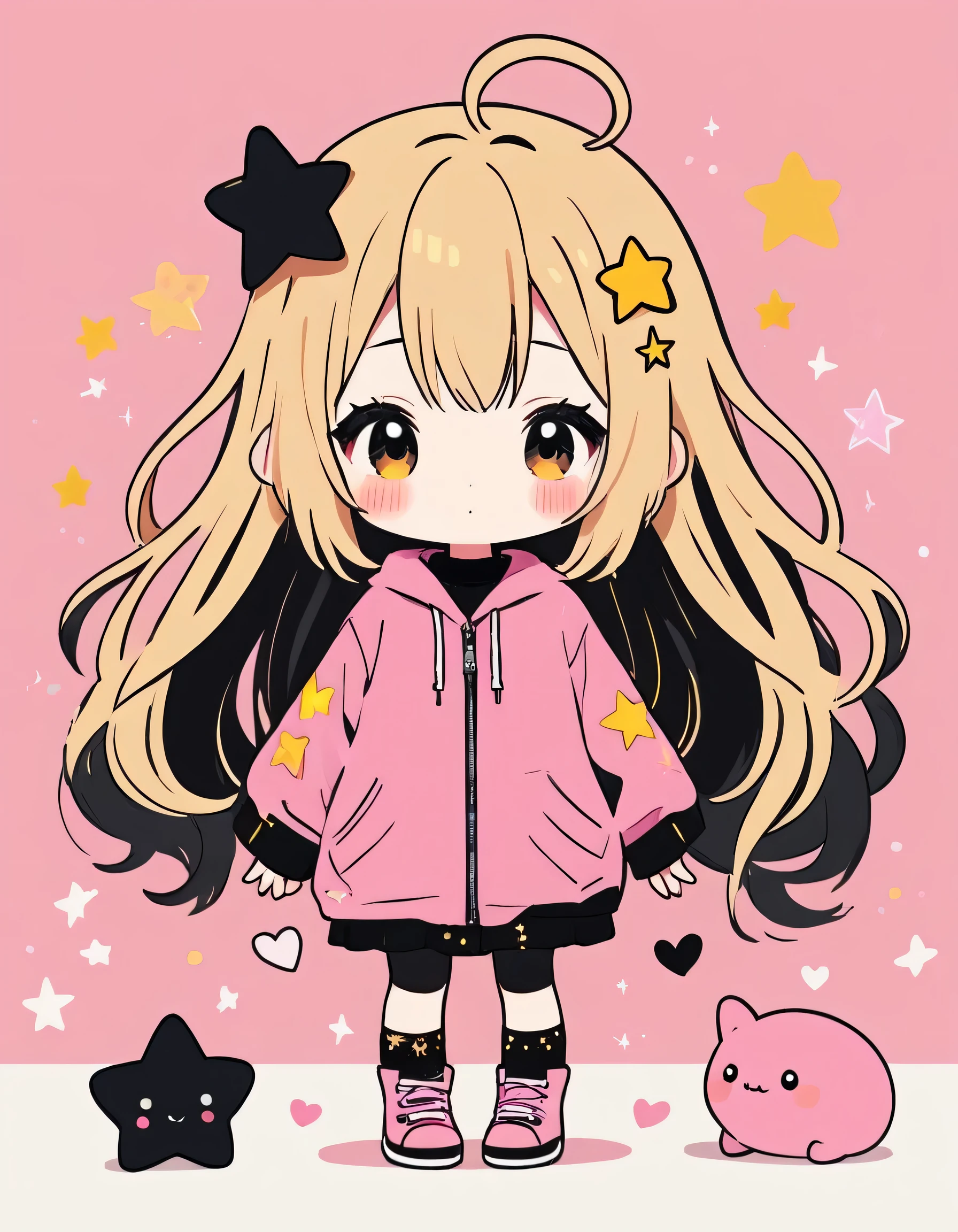 Black Star pink and Gold style, Simple Line Initialism,Abstract art,Kawaii Design, The most beautiful girl of all time、chibi, Cute and colorful pillbugs, colorful hearts