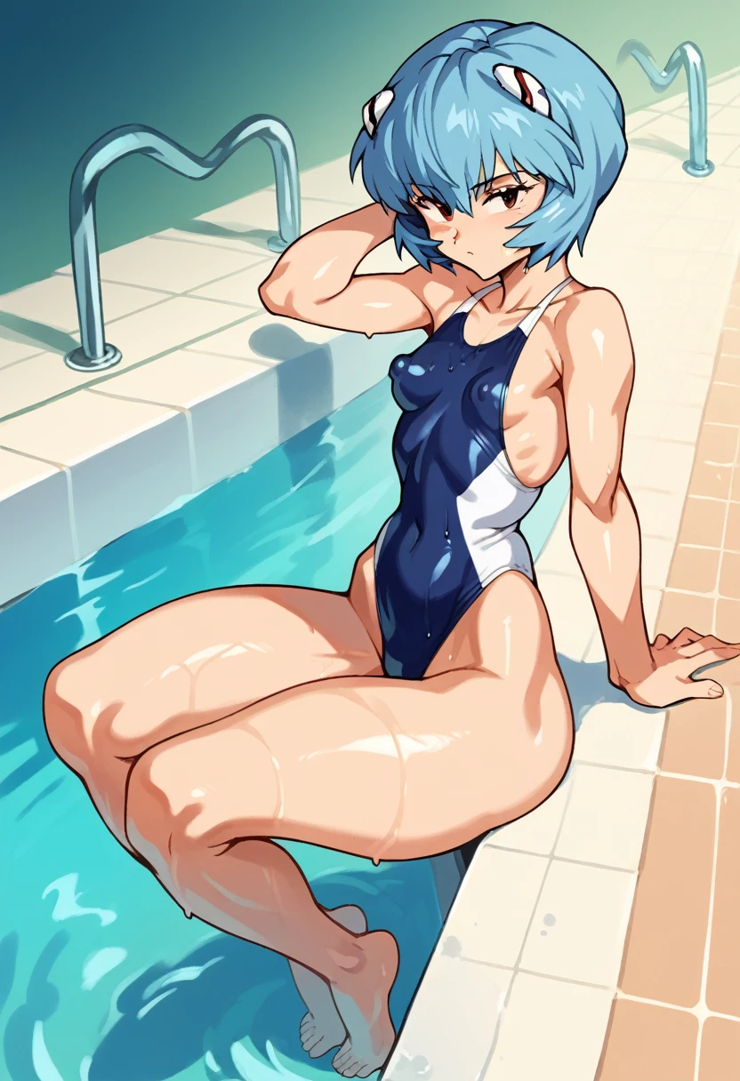 score_9, score_8_up, score_7_up, score_6_up, score_5_up, score_4_up, (source_anime), 1girl, neon genesis evangellion,( rei ayanami, small , big Thighs, puffy nes), fl body, Swimming pool ,Revealing the breasts, Swimsuit,chool
