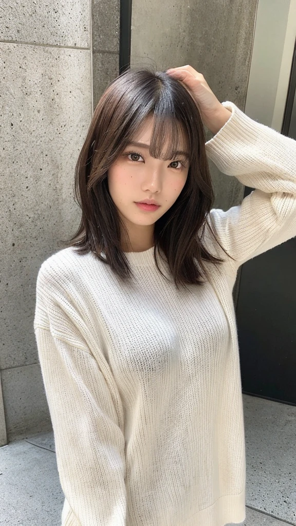 (top-quality、16K resolution)1 girl、solo、natural soft light、、A Japanese Lady、Looking at the camera、White long-sleeved knit、Concrete background、Facing the front、is standing、bobhair、30year old、Light bangs、short-hair、Salon model、Natural look、portlate、floated hair、Rolled hair、Mole around the mouth、缶ビールを持ってる