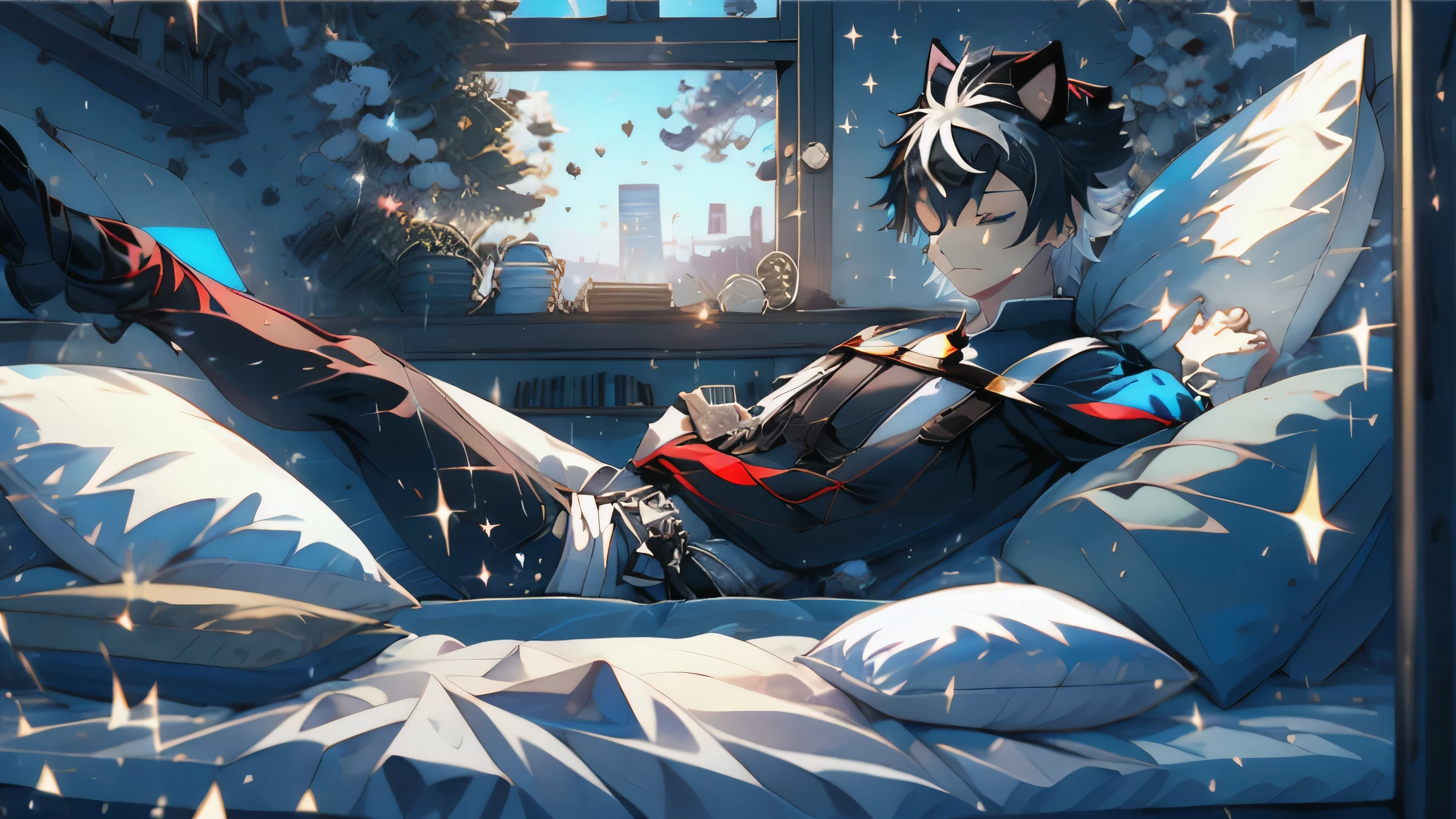 absurdres, uhd, 5k, best quality, full body, 1boy, ((solo)), alone, ((charlemagne\(fate\), charlemagne)), in bed, blue eyes, black hair, multicolored hair, two-tone hair, (laying down), sleeping, eyes closed, in a cozy japanese bedroom, on a bed, with fluffy pillows, surrounded by stuffed animals, more pillows, :3 face, cat mouth,