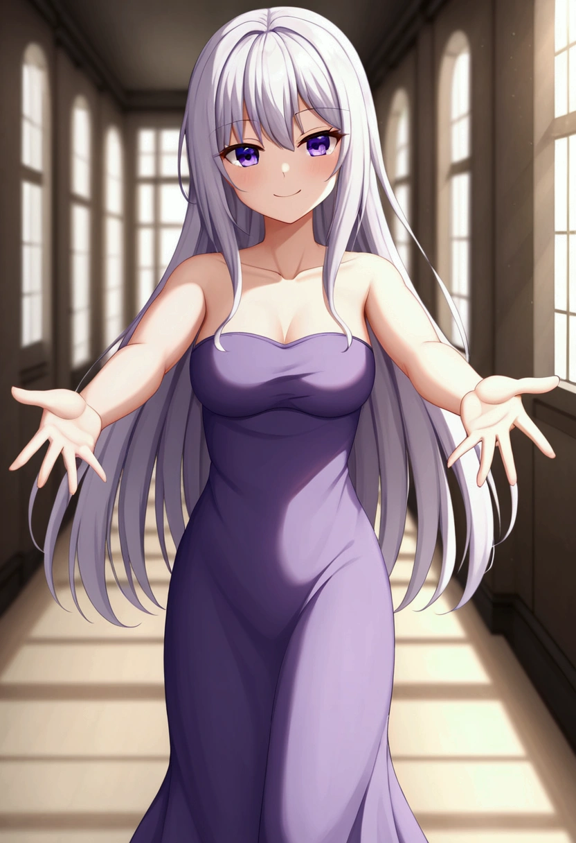 1 girl, ((Girl is short, cute, beautiful and attractive)), ((Girl purple eyes)) ((Girl has very long white hair, reaching ankle))((White hair)), ((Girl is wearing a cute light purple dress)), ((Hallway))((Blurry Background)), ((Girl is smirking)), ((Girl is crossing arms)), 8k, masterpiece, dim lighting