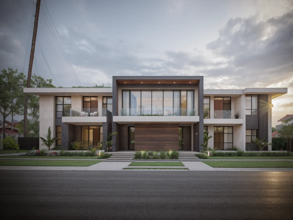 exterior of house, modern, townhouse, Modern house gate, minimalistic, the house is located in an urban area of Hanoi Vietnam, wall concrete gray and wood, facing the road, plant and tree, sidewalks, sidewalk trees, corona render, 3ds max, wide view, overcast sky, a moody foggy environment, sunny cinematic, natural light