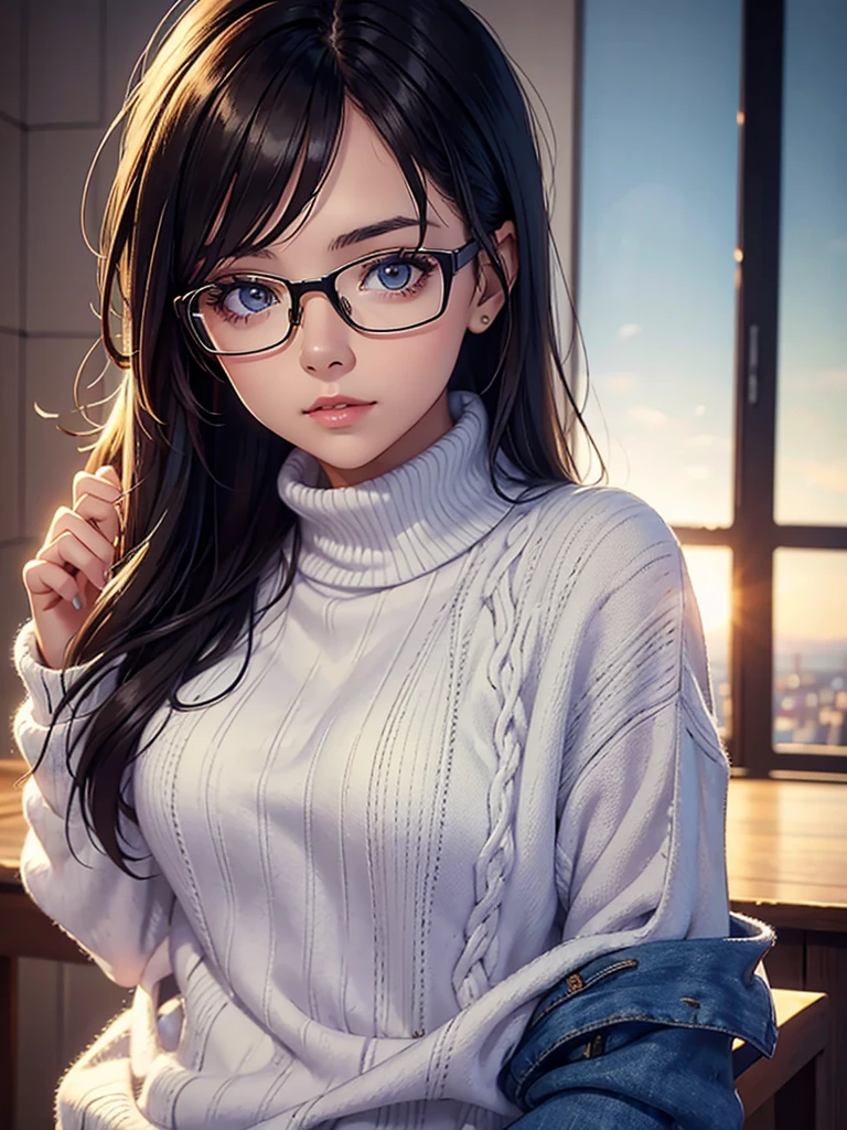 realisticlying、 a 18 year old girl((Grasp the breast with both hands and pull it inward.))、Wear a turtleneck sweater、Breasts enlarged、A slight smil、Sexy Posing、I'm sweating、Redness of cheeks、wears glasses、(Tokyo at night