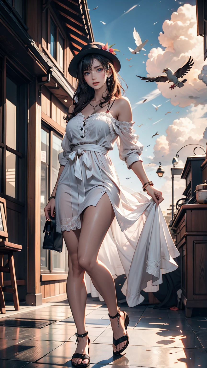 Paris in a festive mood for Bastille Day、Cherry blossoms falling、24 year old Caucasian female、Sexy proportions、Sexy、White Summer Dress、Wide-brimmed hat decorated with ribbon、High heels、Wander around Paris、smile
