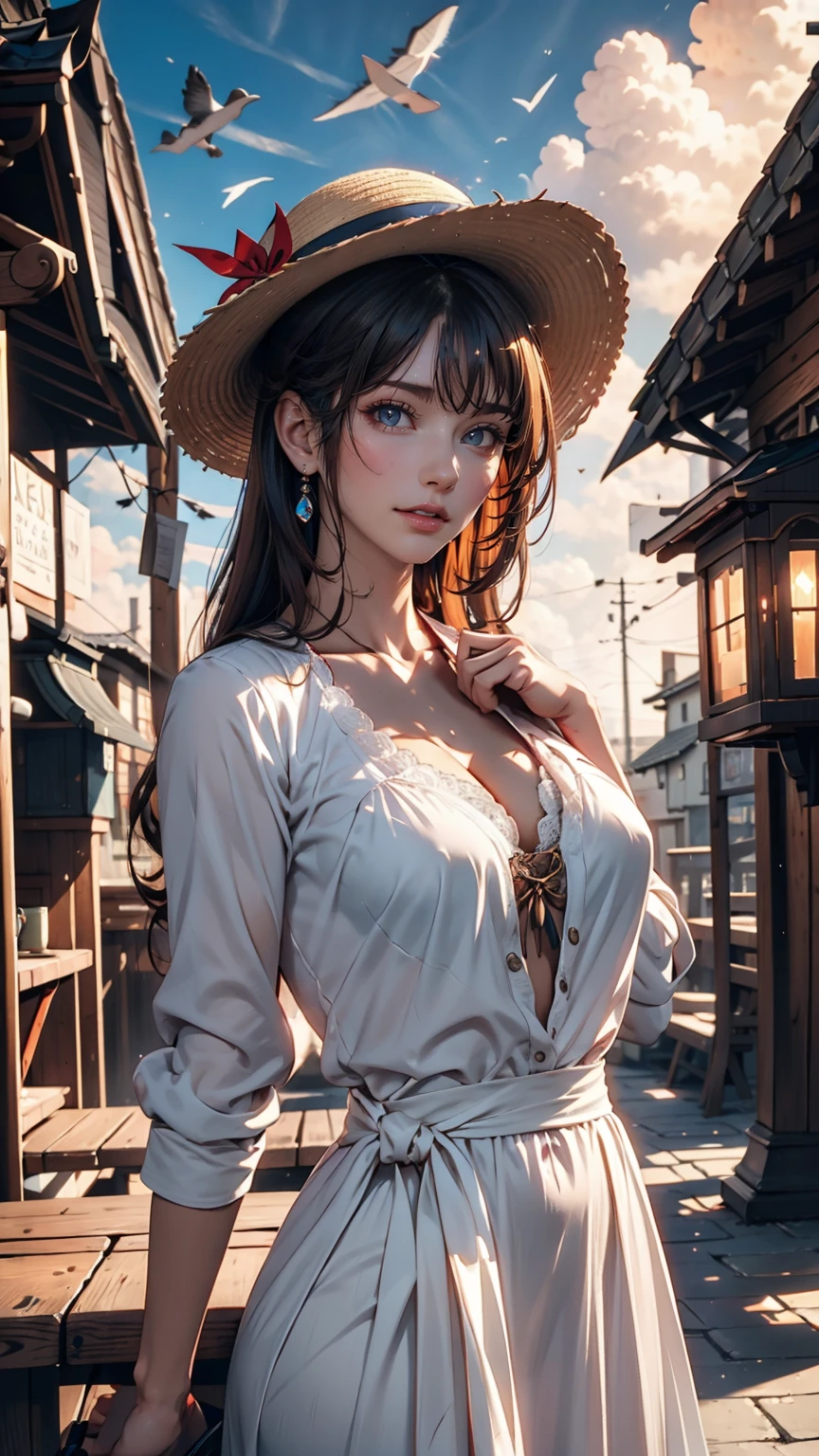 (3d:0.5,Realistic:0.5,photoRealistic:0.5),(Absurd,Super Resolution,masterpiece,Highest quality,In detail,Absurd:1.2), Dramatic Light, Dramatic lighting, Cinematic, Anime Scenery, makoto shinkai, Ghibli, Fantasy World, Magic, Beautiful sky, cloud, building, bike, Airplane trajectory, bird, Dramatic Lighting, Cinematic lighting, sunset, warm sunset, Warm sun, street, Depth of written boundary, Lens flare,19-year-old female、Sexy proportions、erotic、Accessories on your wrist、adult、Narrow waist、Sexy summer dress with lace decoration、Mules(Sandals)、Wide-brimmed hat decorated with ribbon