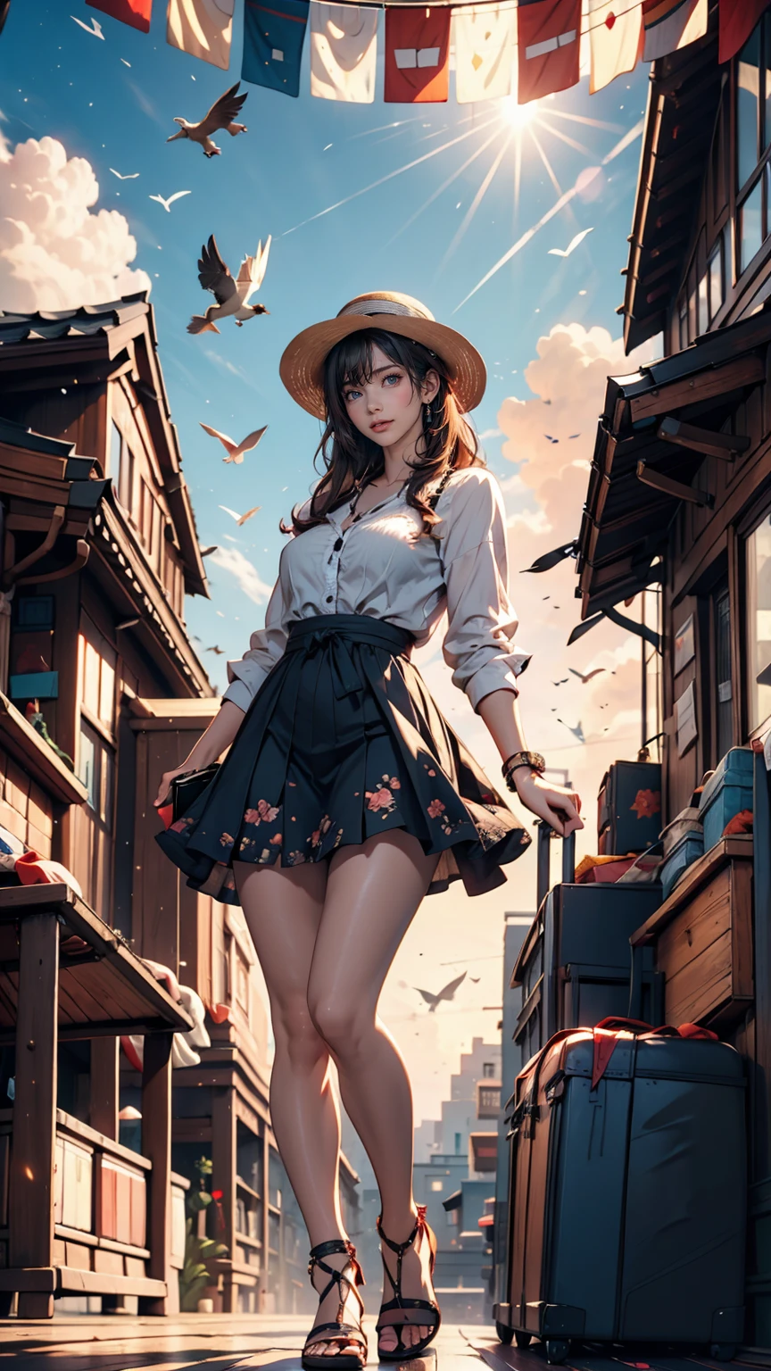 (3d:0.5,Realistic:0.5,photoRealistic:0.5),(Absurd,Super Resolution,masterpiece,Highest quality,In detail,Absurd:1.2), Dramatic Light, Dramatic lighting, Cinematic, Anime Scenery, makoto shinkai, Ghibli, Fantasy World, Magic, Beautiful sky, cloud, building, bike, Airplane trajectory, bird, Dramatic Lighting, Cinematic lighting, sunset, warm sunset, Warm sun, street, Depth of written boundary, Lens flare,19-year-old female、Sexy proportions、erotic、Accessories on your wrist、adult、Narrow waist、Sexy summer dress with lace decoration、Mules(Sandals)、Wide-brimmed hat decorated with ribbon